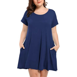 NEW Navy Blue Loose Plus Pockets Casual Short Sleeve Mini Dress 1X